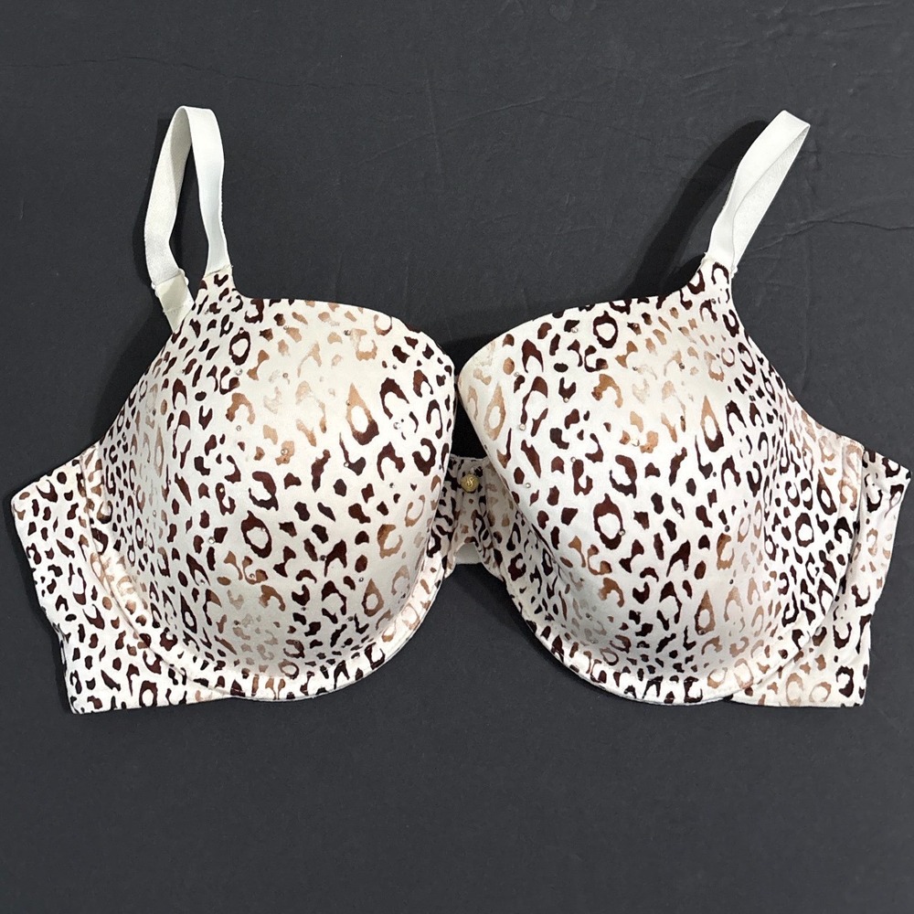 Victorias Secret Lined Demi Bra 38DD Leopard Rhinestone White Brown Tan Sparkle